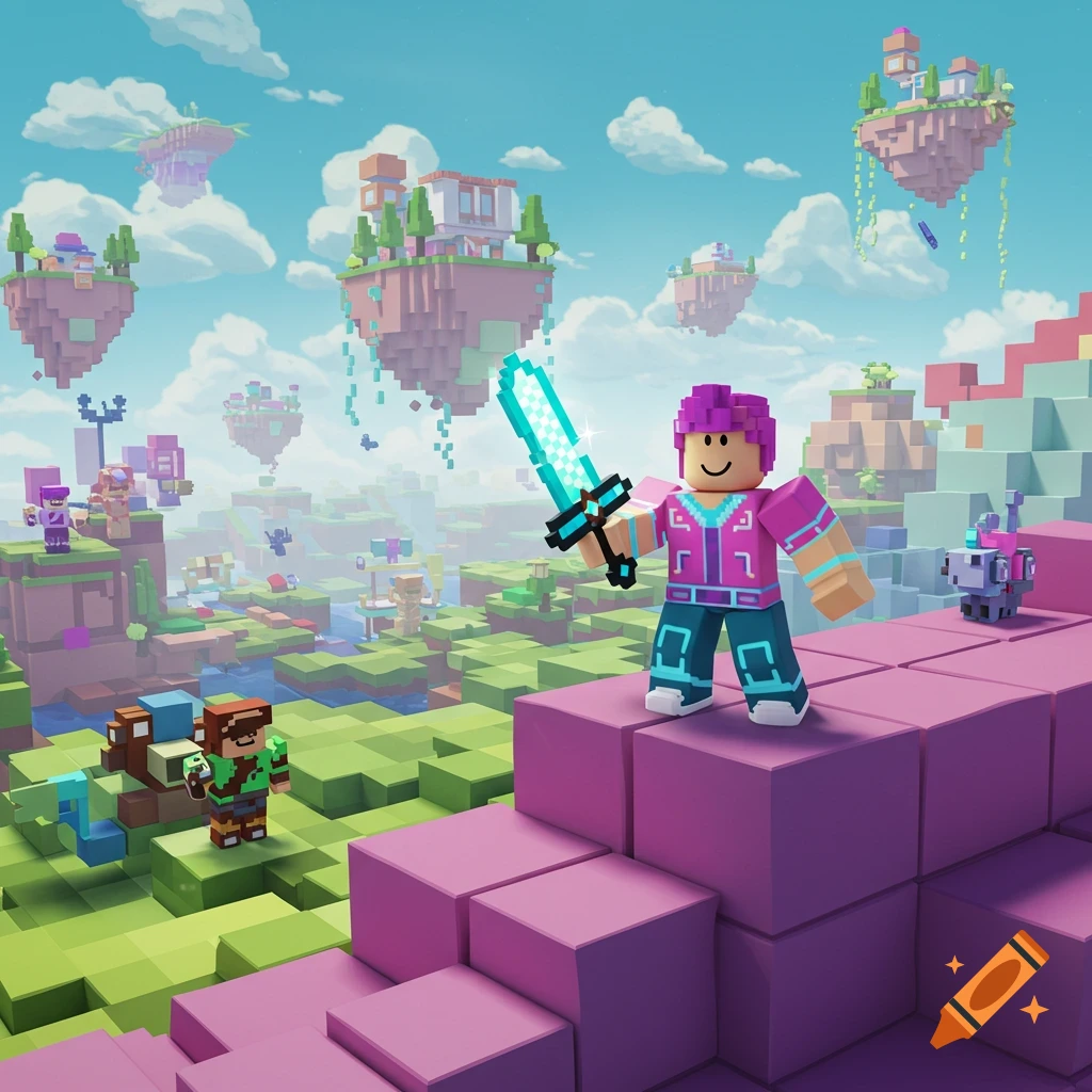 A blocky character with pink hair holds a pixelated sword in a vibrant Roblox-style world with floating islands.