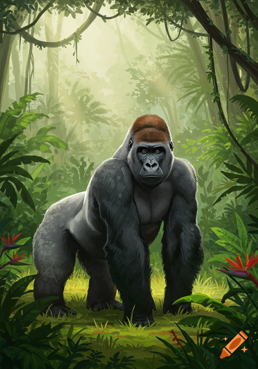 A powerful gorilla stands amidst lush green jungle foliage, with sunlight filtering through the canopy.