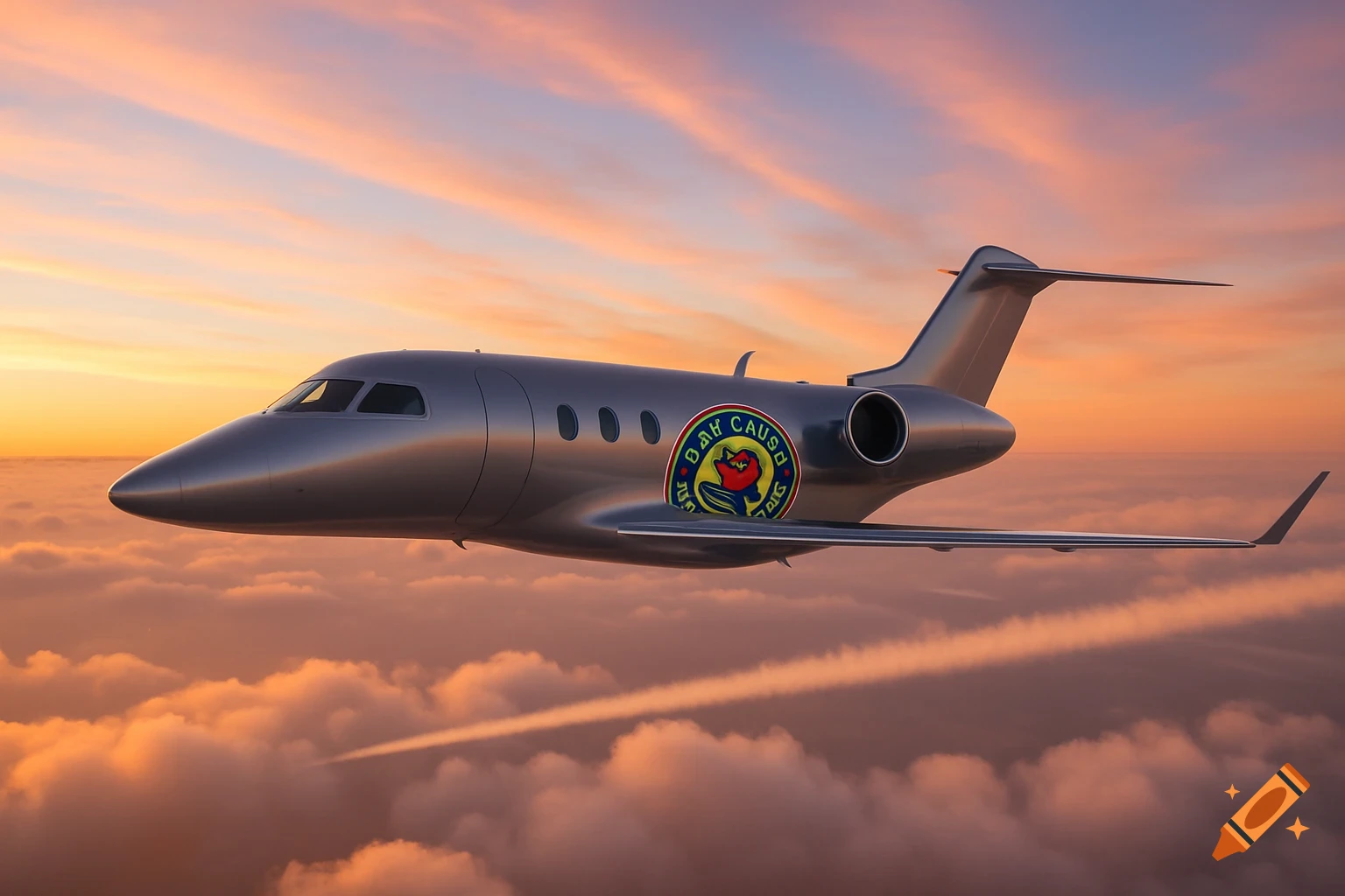 A silver private jet flies above a sea of clouds at sunset, with a colorful logo on its side.