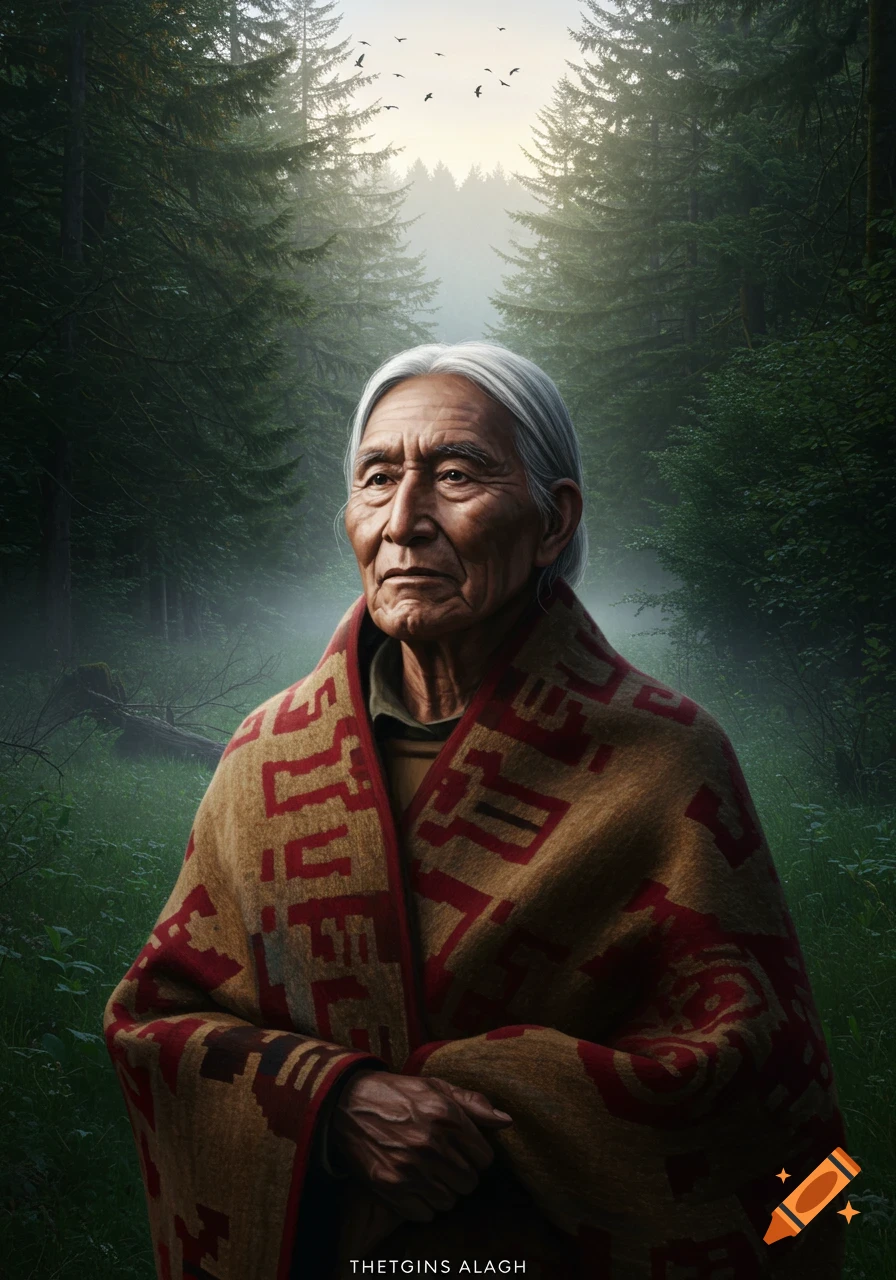 An elderly person with long white hair wrapped in a patterned blanket stands in a misty forest with trees and birds. Photorealistic.