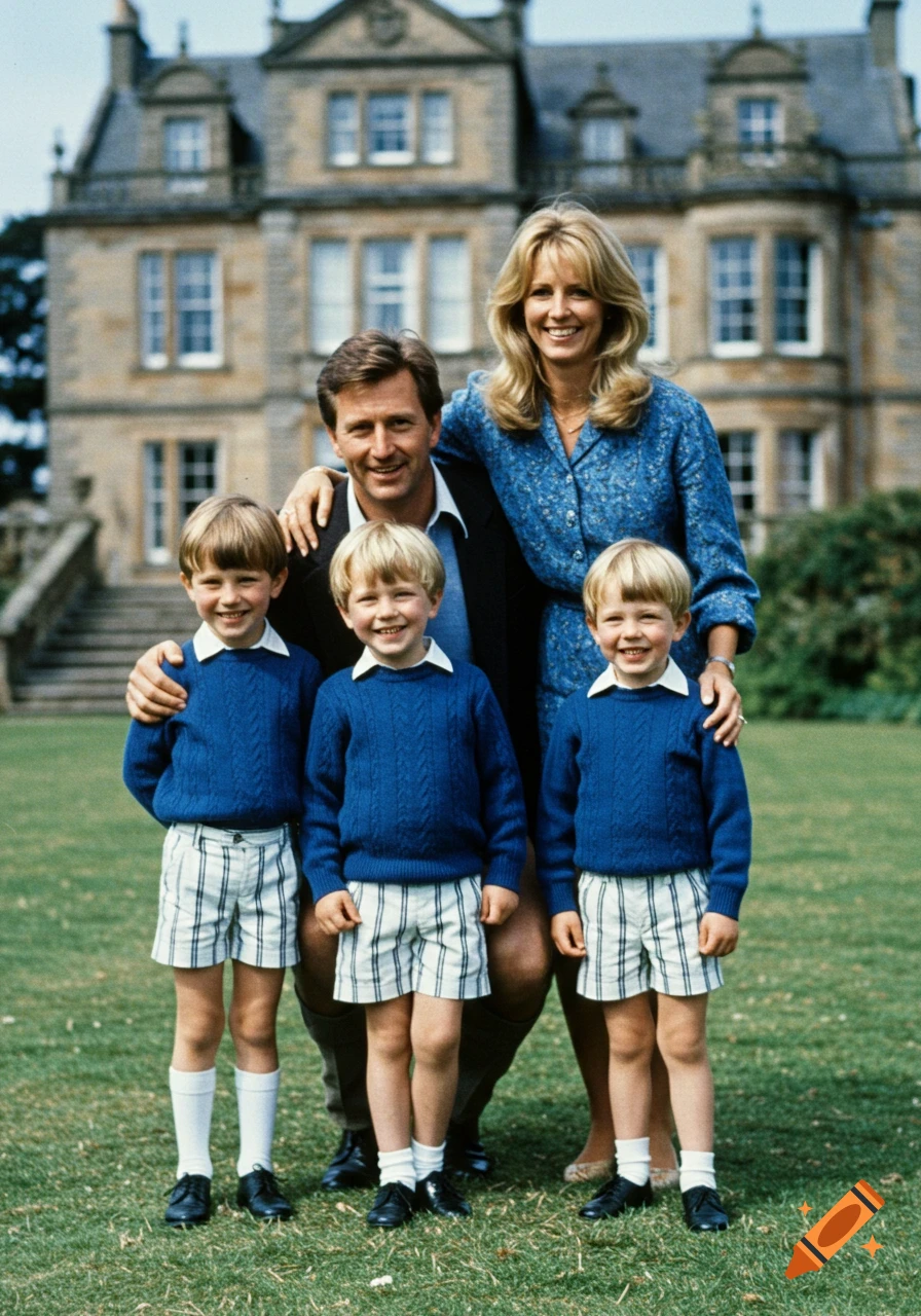 A smiling family with three young boys poses on a grassy lawn in front of a large, traditional mansion. The parents and children wear blue and white outfits.