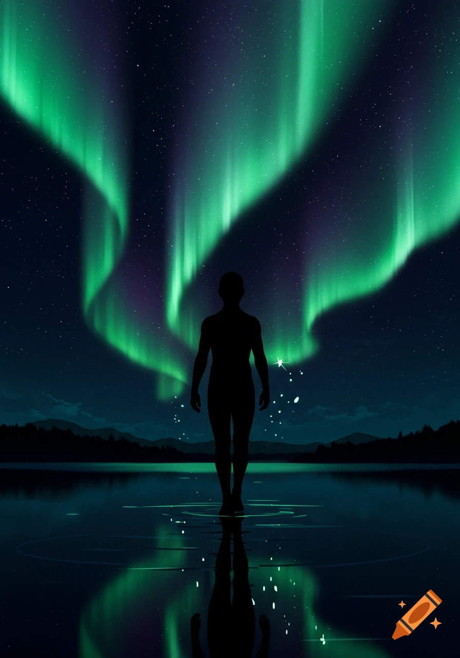 A silhouette of a person stands on a reflective body of water under a vibrant green and purple aurora borealis and a starry night sky with mountains in the background.