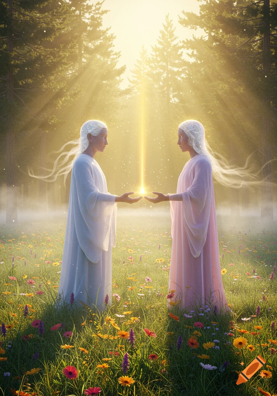 Two ethereal figures in a glowing forest clearing with wildflowers, hands meeting with a beam of light.