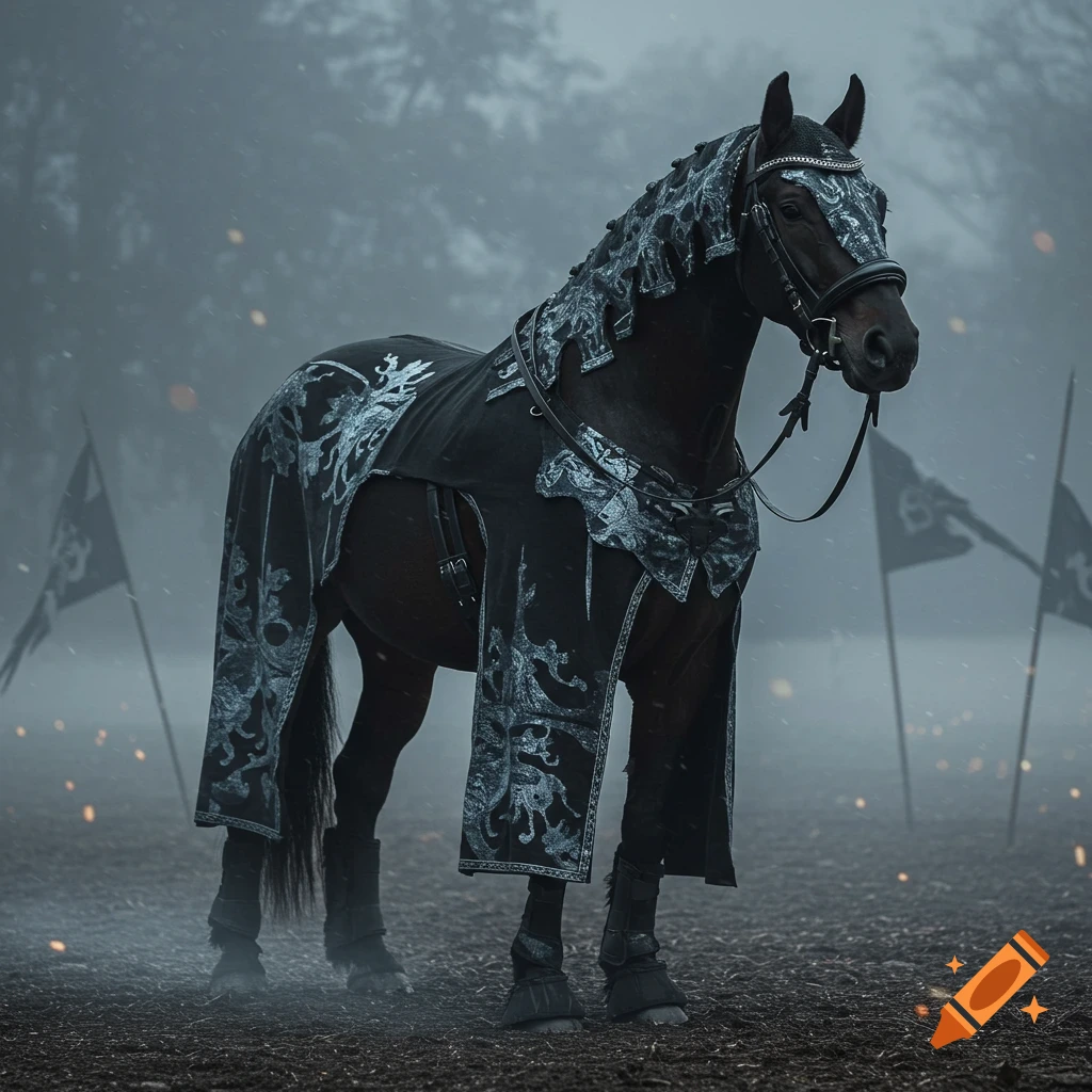 A black horse adorned in ornate black and silver barding stands in a misty, dark field with flags in the background, photorealistic.