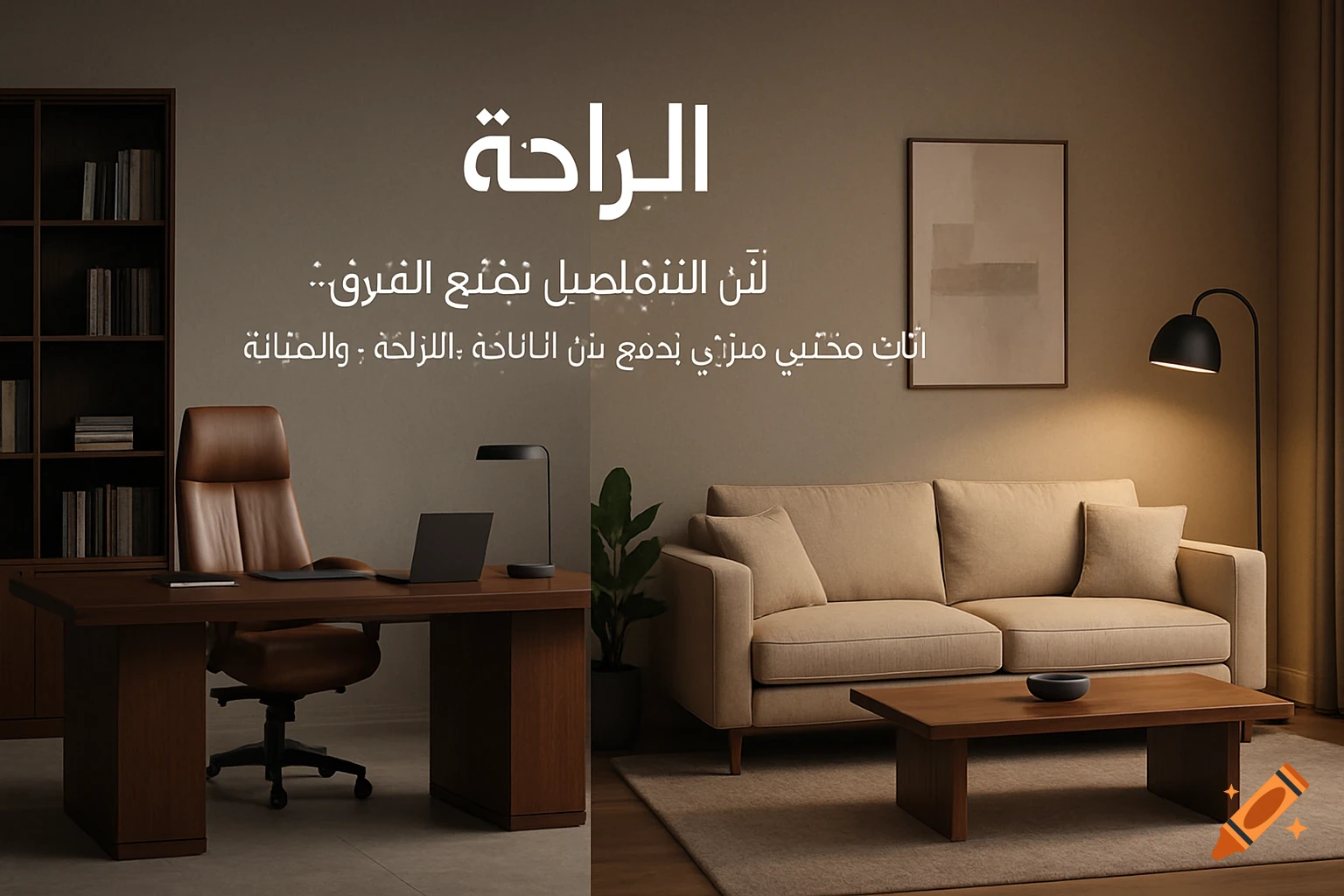 A modern furniture showroom split into two, featuring an executive office on the left and a cozy living room on the right, with Arabic text overlay.