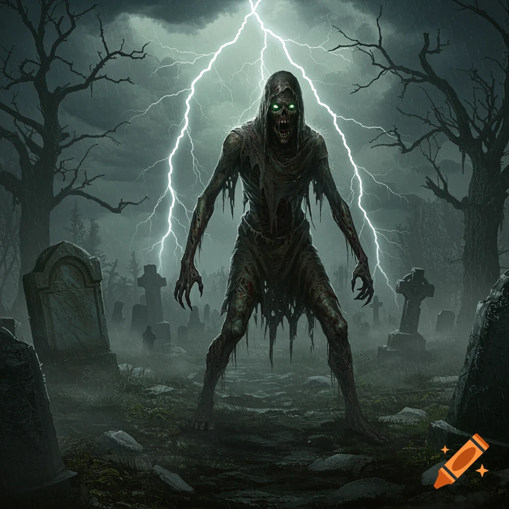 A decaying zombie-like creature with glowing green eyes stands in a stormy, lightning-lit graveyard with tombstones and bare trees.