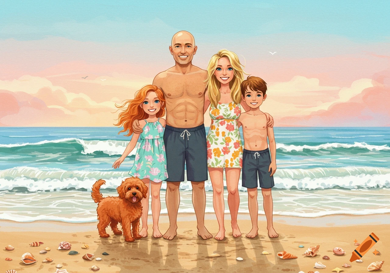 An illustrated family portrait of a bald dad, a blonde mom, a red-haired girl, a brown-haired boy, and a reddish doodle dog standing on a sandy beach with ocean waves and a sunset sky.