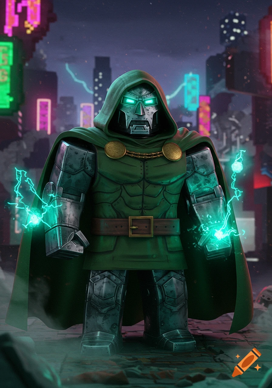 Roblox-style Doctor Doom stands in a dark city, his eyes glowing green, as he generates green electricity from his armored hands.