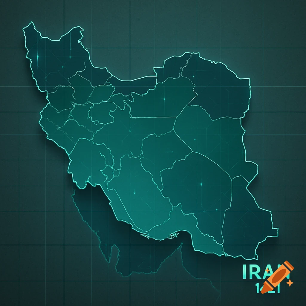 A futuristic, teal-colored digital map of Iran with internal borders on a dark grid background, labeled 'IRAN 1421'.