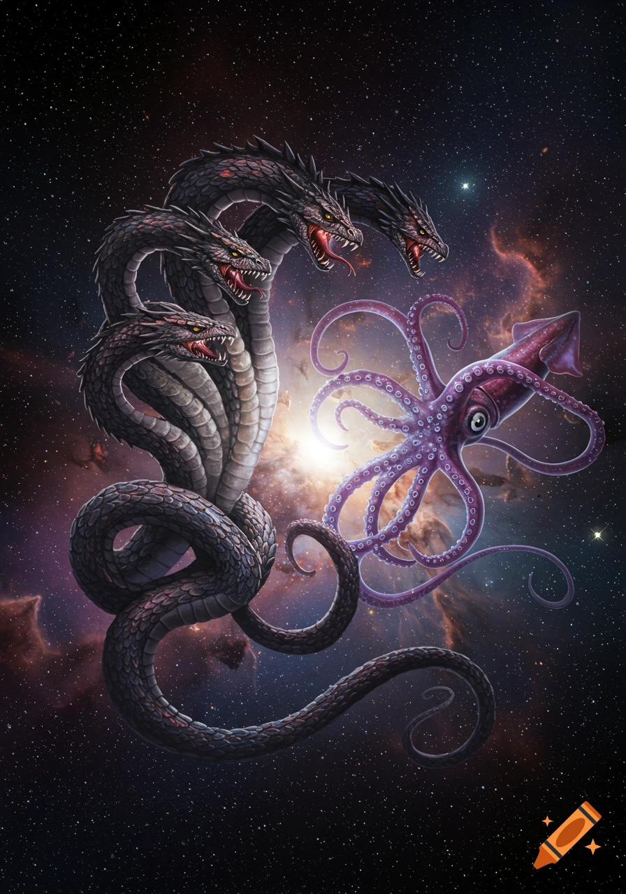 A multi-headed hydra monster battles a giant purple squid in the depths of outer space amidst stars and nebulae.