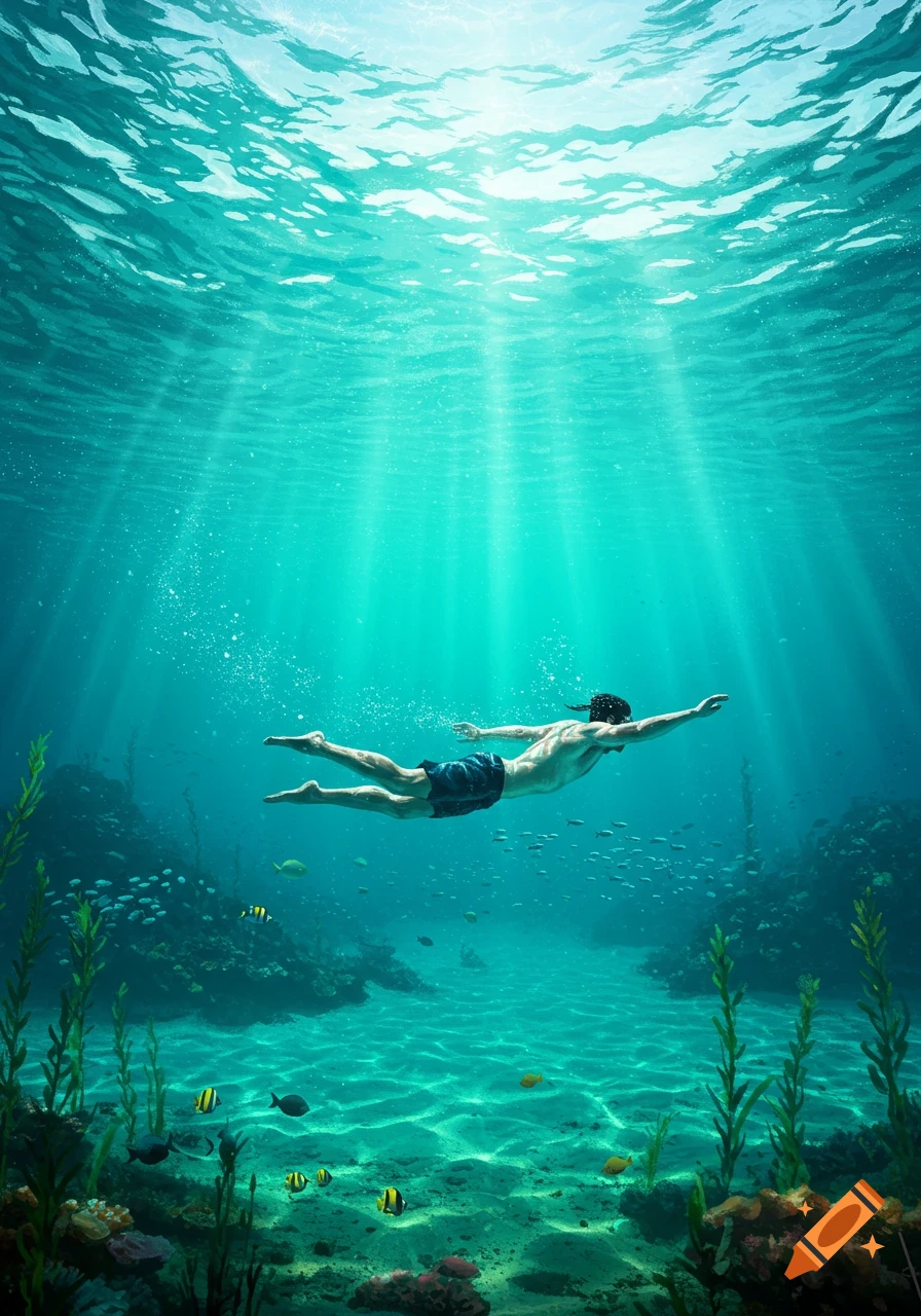 A man swims underwater in a sunlit ocean, surrounded by fish and coral.