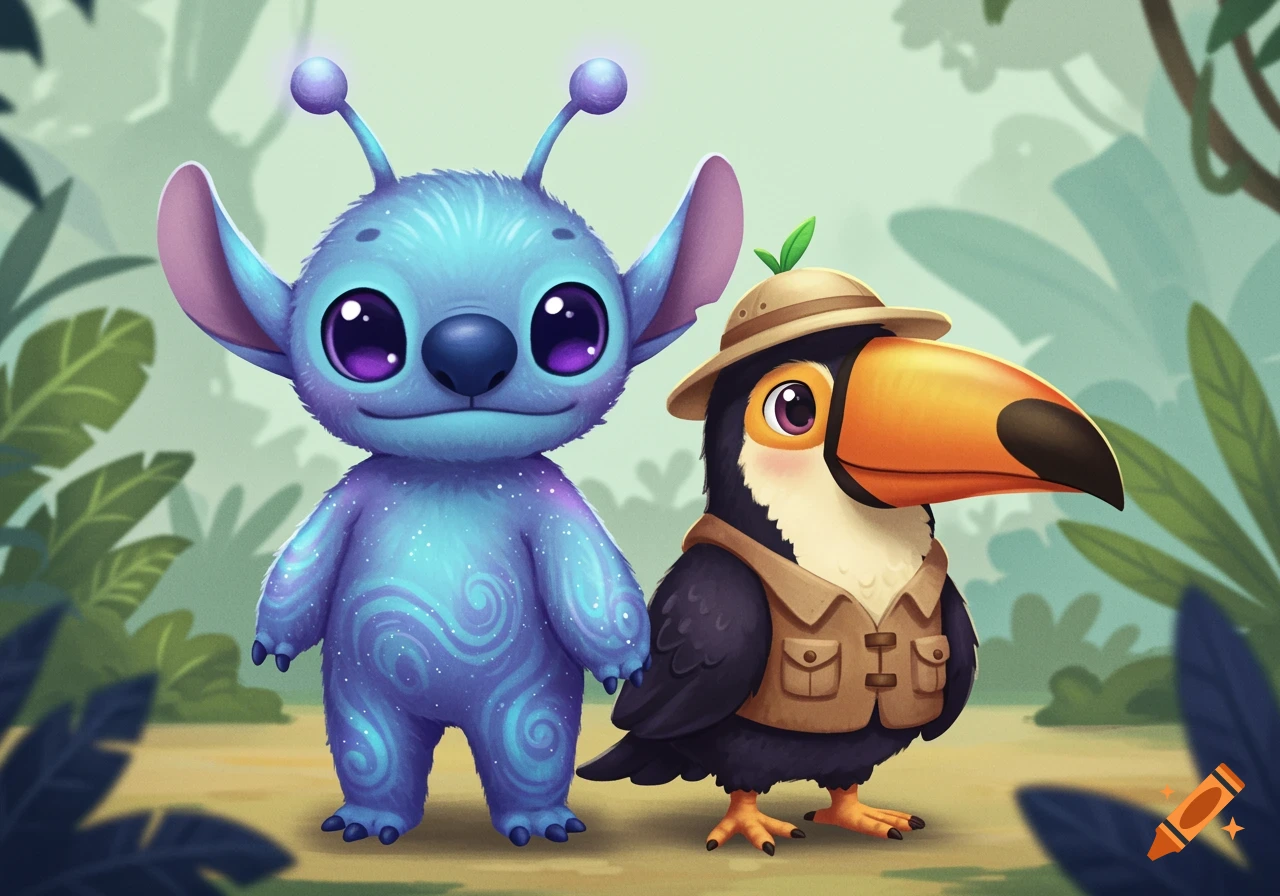 A cute blue alien with glowing antennae and a toucan in an explorer hat stand together in a cartoon jungle.