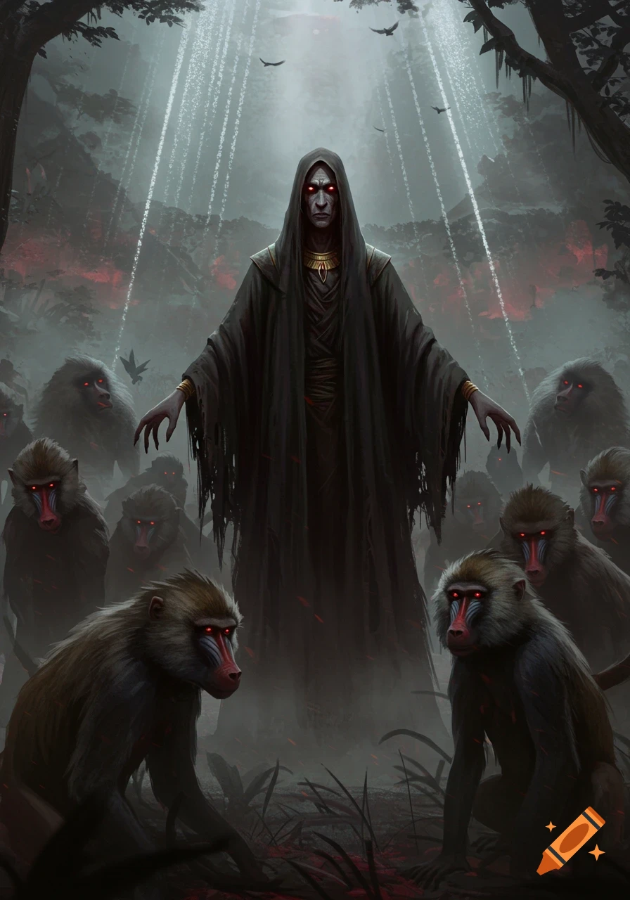Dark fantasy art of a hooded man with glowing red eyes standing in a misty forest surrounded by baboons with red eyes.