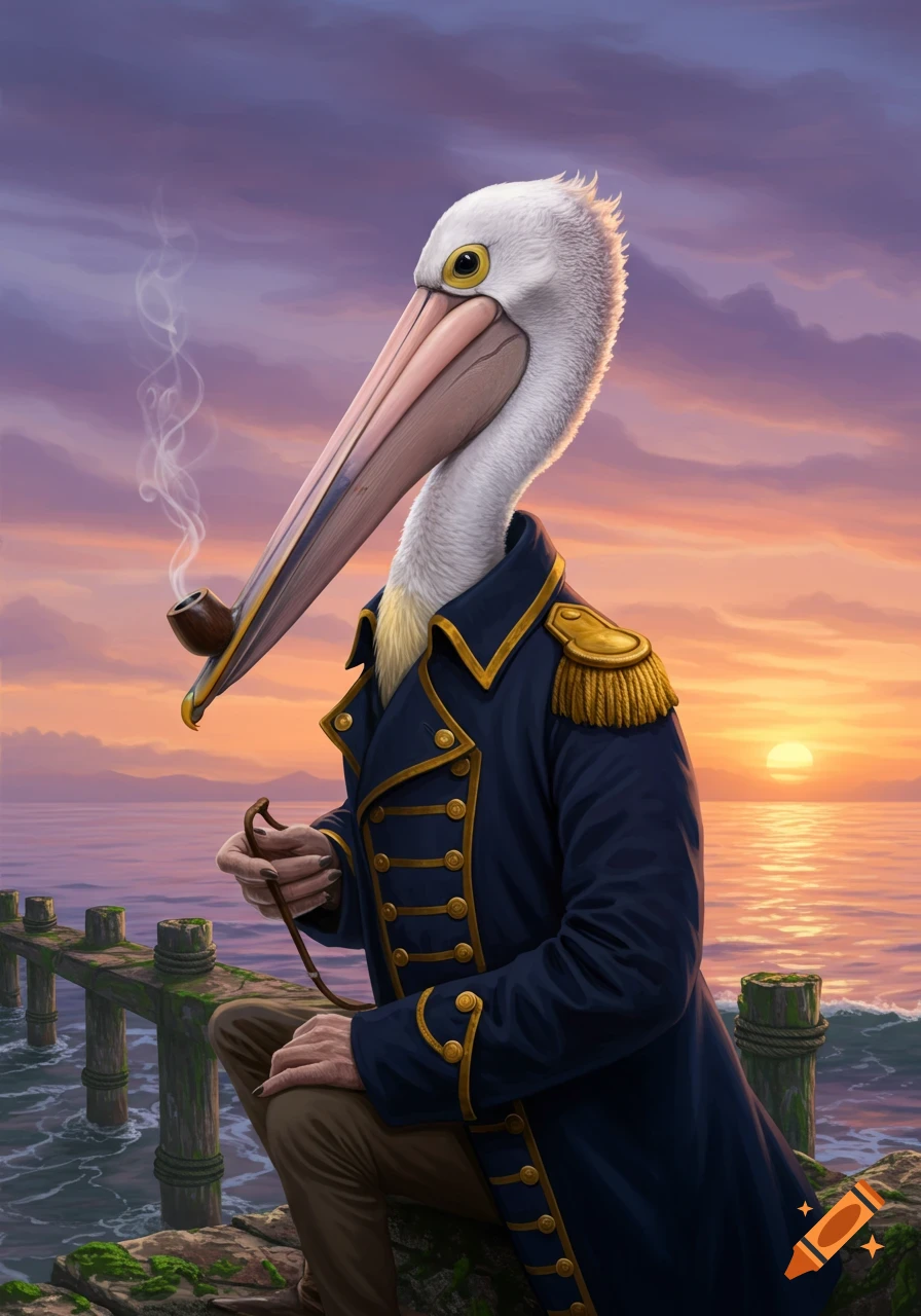 A painting of a pelican dressed as a sea captain, smoking a pipe, sitting on a pier at sunset.