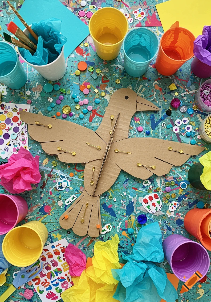 A flat cardboard bird with split pin joints lies on a paint-splattered turquoise table, surrounded by colorful craft supplies like cups, tissue paper, jewels, and stickers.