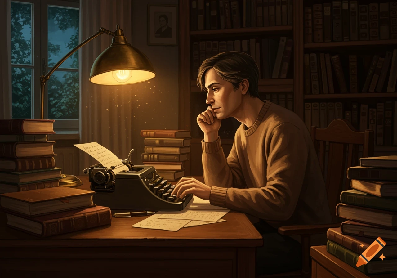 A thoughtful man types on a vintage typewriter at a wooden desk, surrounded by stacks of books in a dimly lit study.