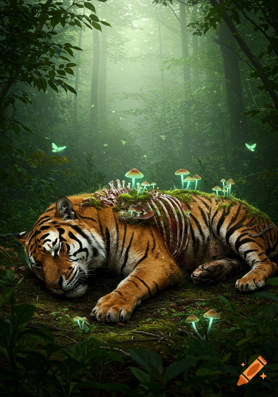 A tiger lies decaying in a misty forest, covered in moss and glowing mushrooms, with bones visible along its spine, glowing butterflies flutter nearby.