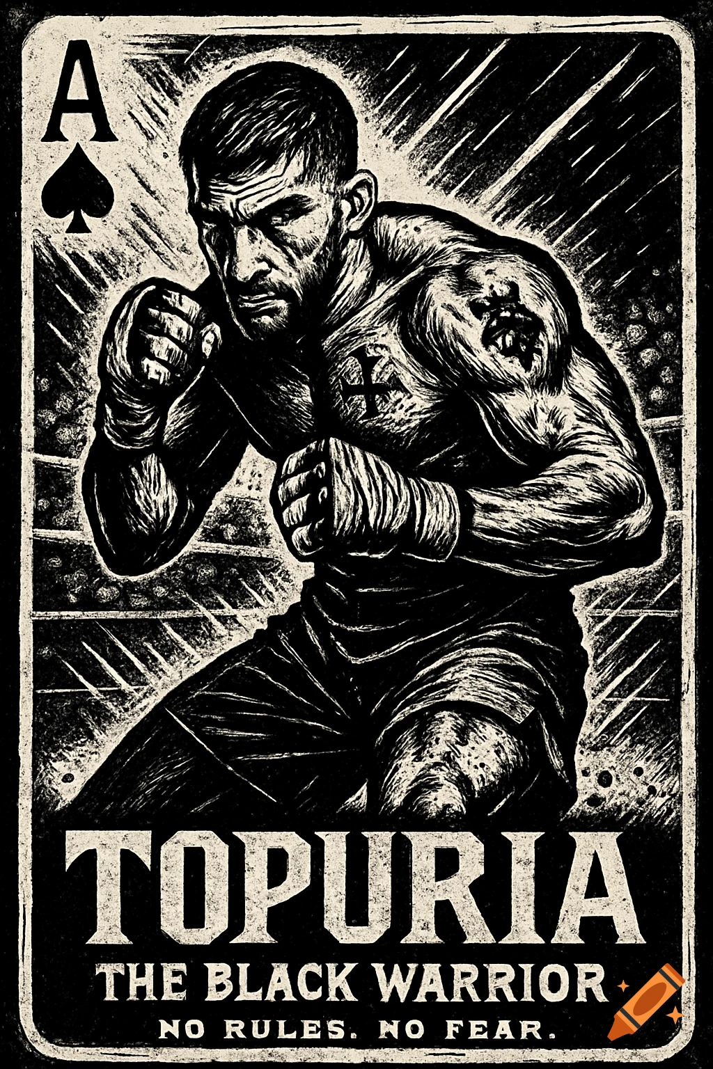 Monochrome woodcut style image of a muscular fighter in an aggressive stance on an Ace of Spades playing card, with text "TOPURIA THE BLACK WARRIOR NO RULES. NO FEAR."