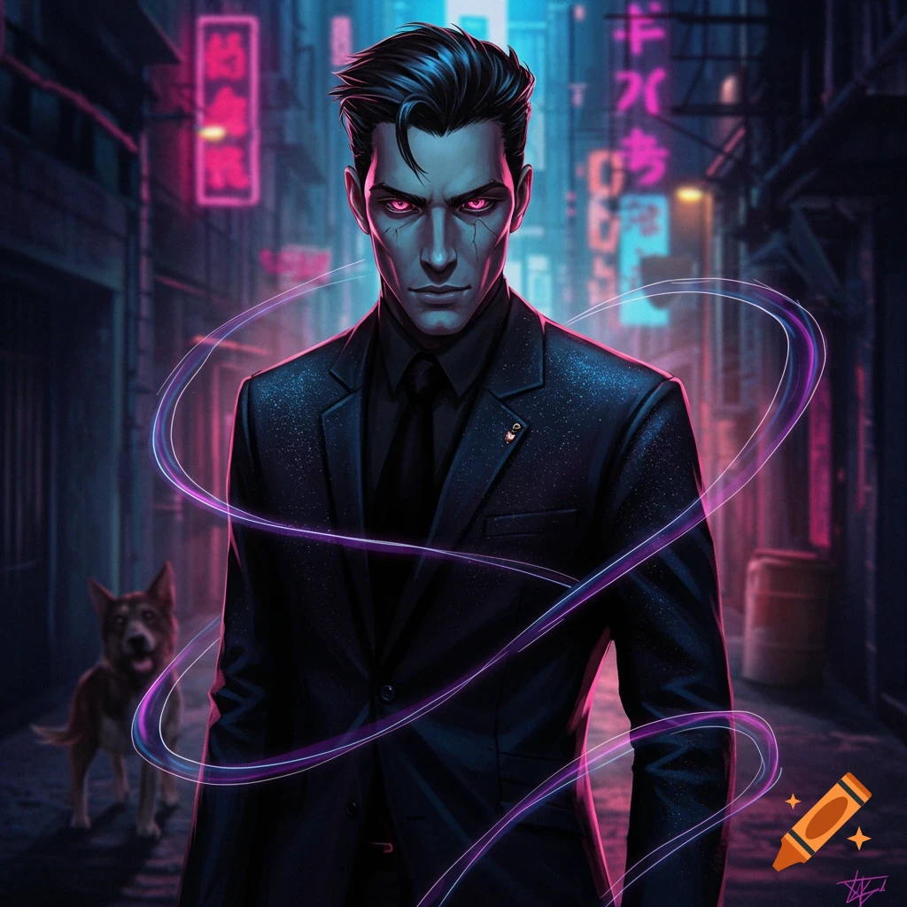 A stylized man with glowing red eyes and dark hair, wearing a black suit, stands in a neon-lit cyberpunk alley with a dog behind him.