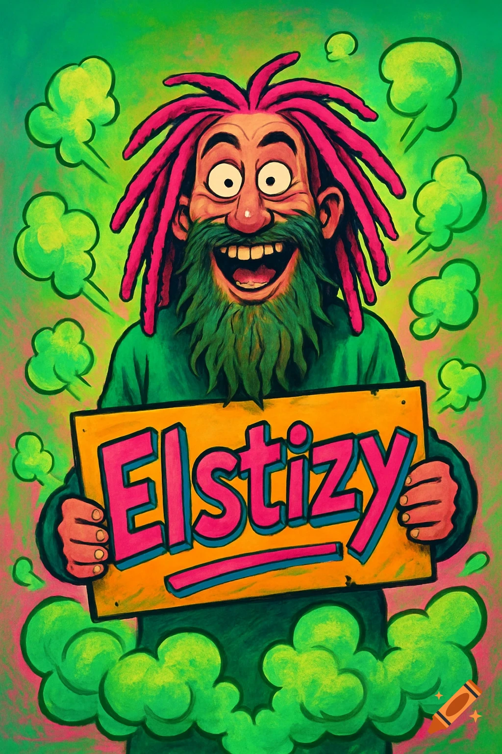 A cartoon man with pink dreadlocks, a green scruffy beard, and a wide smile holds a yellow sign that reads "Elstizy," surrounded by green gas clouds.