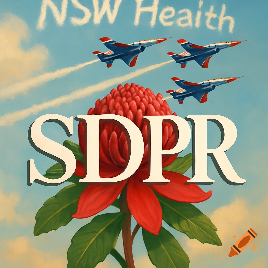 A stylized image of a red Waratah flower with the letters 'SDPR' in front, against a blue sky with three fighter jets trailing clouds that spell 'NSW Health'.