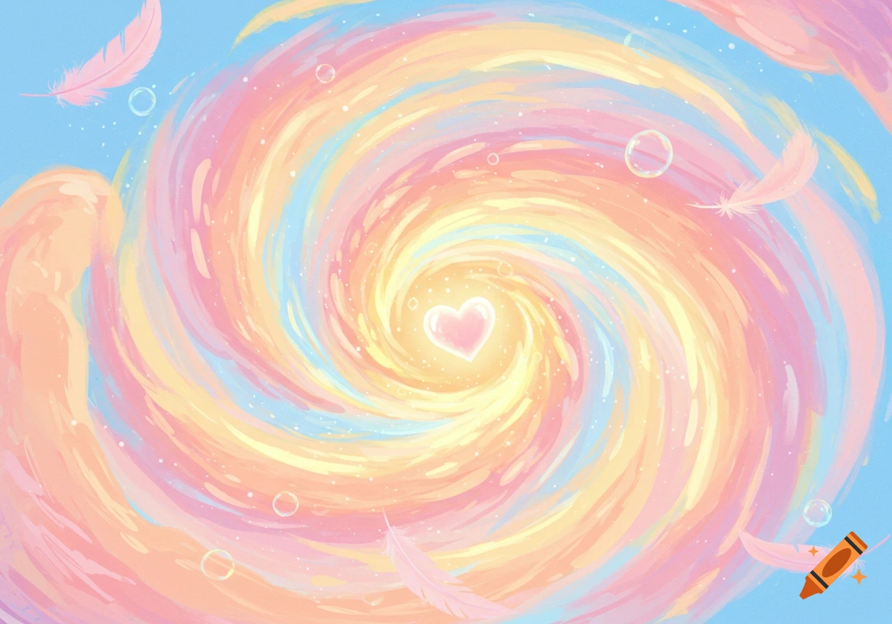 A vibrant, pastel-colored swirling vortex with a glowing pink heart at its center and feathers floating around.