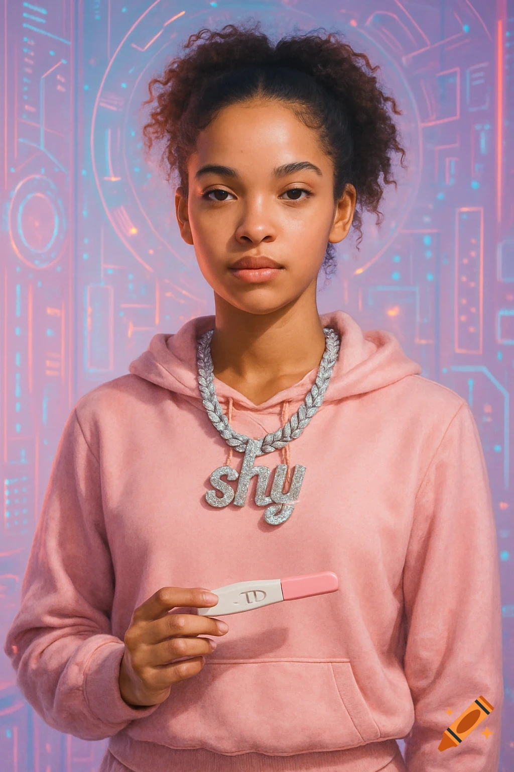 A young woman wearing a pink hoodie and a sparkling "shy" necklace holds a pregnancy test in her hand.