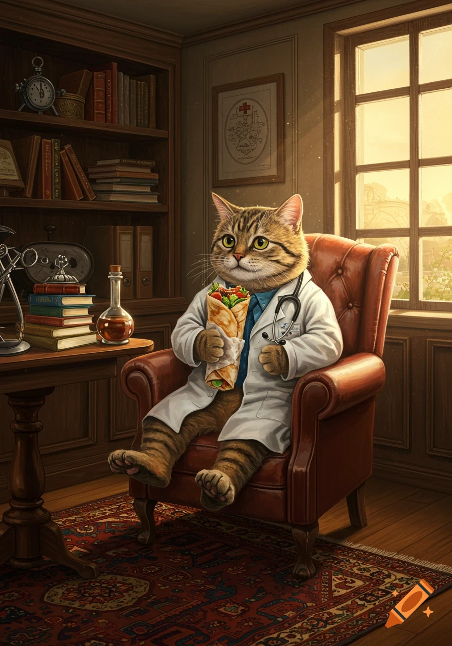 A tabby cat wearing a white doctor's coat and stethoscope sits in a leather armchair, eating a shawarma in a study.