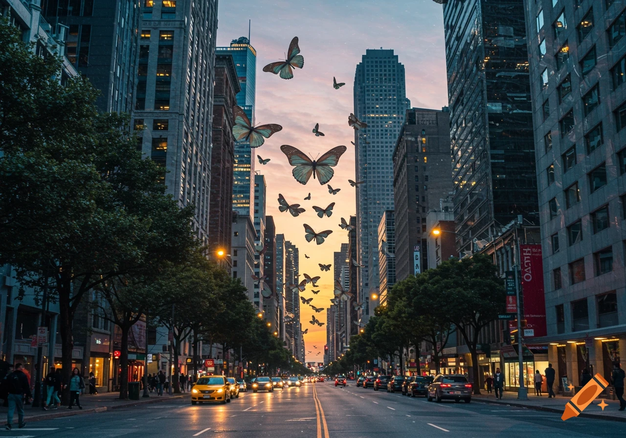 A surreal street view of a city at dusk with tall buildings, yellow taxis, and numerous large butterflies flying above.