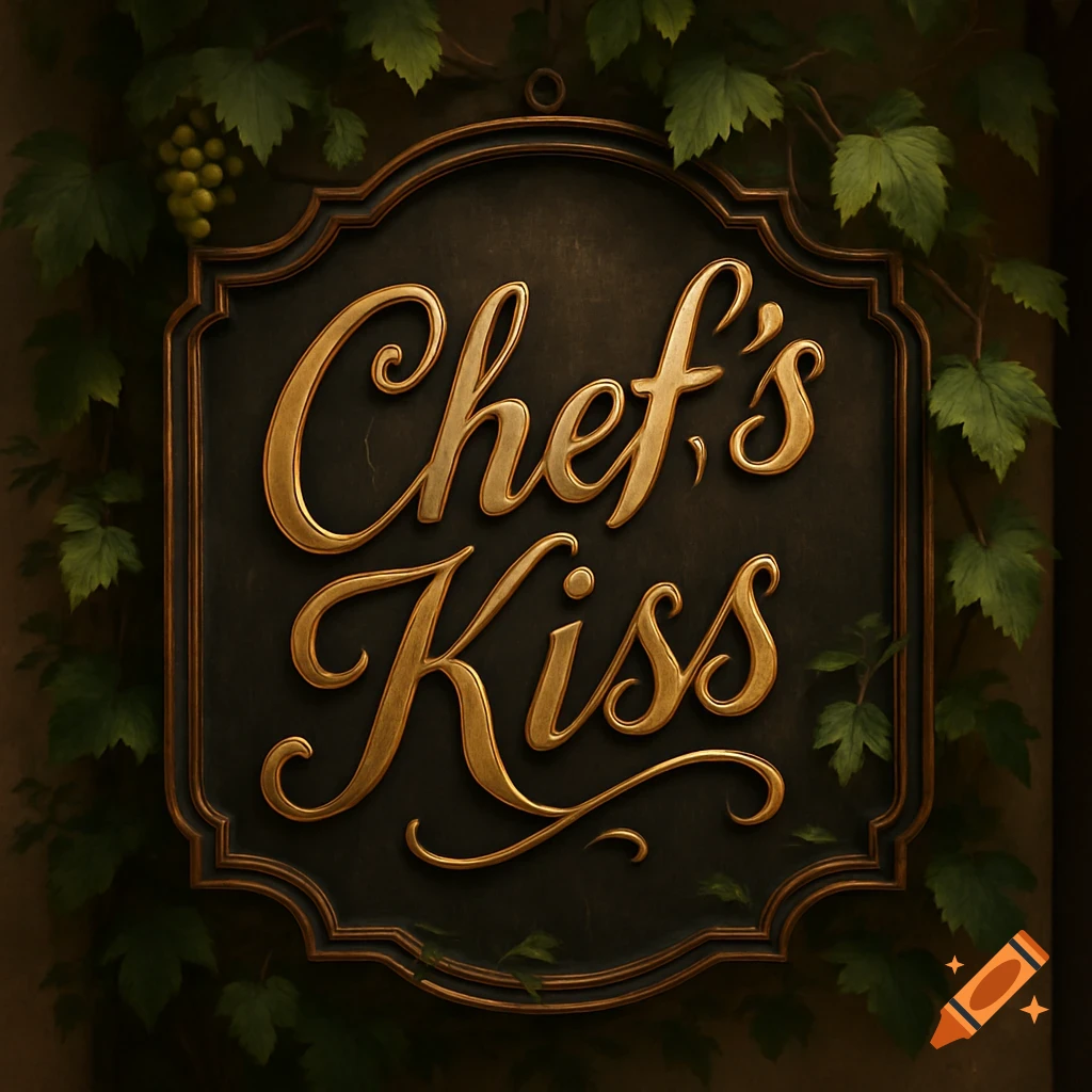 A decorative restaurant sign with gold embossed text 'Chef's Kiss' on a dark background, surrounded by green vine leaves and grapes.