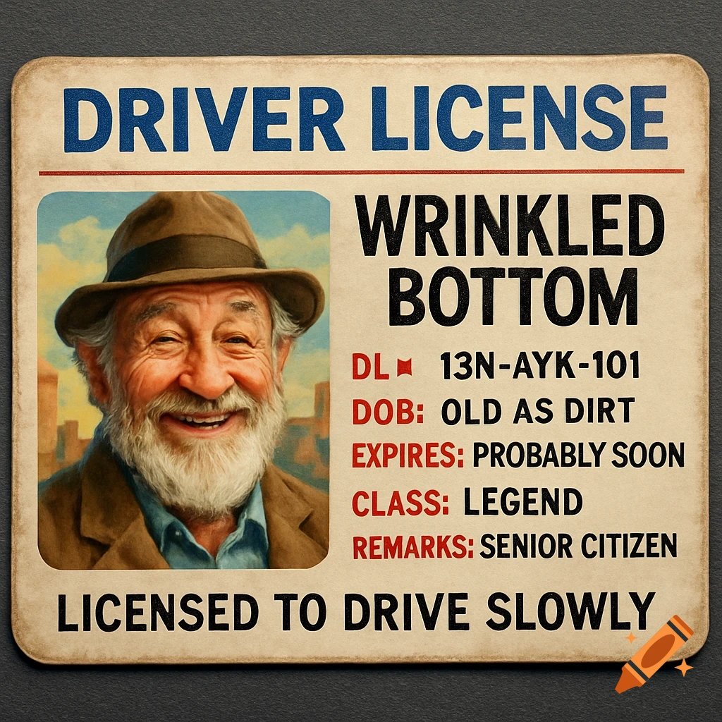 A fake novelty driver's license with a smiling old man, labeled 'WRINKLED BOTTOM' and 'LICENSED TO DRIVE SLOWLY' in a vintage style.