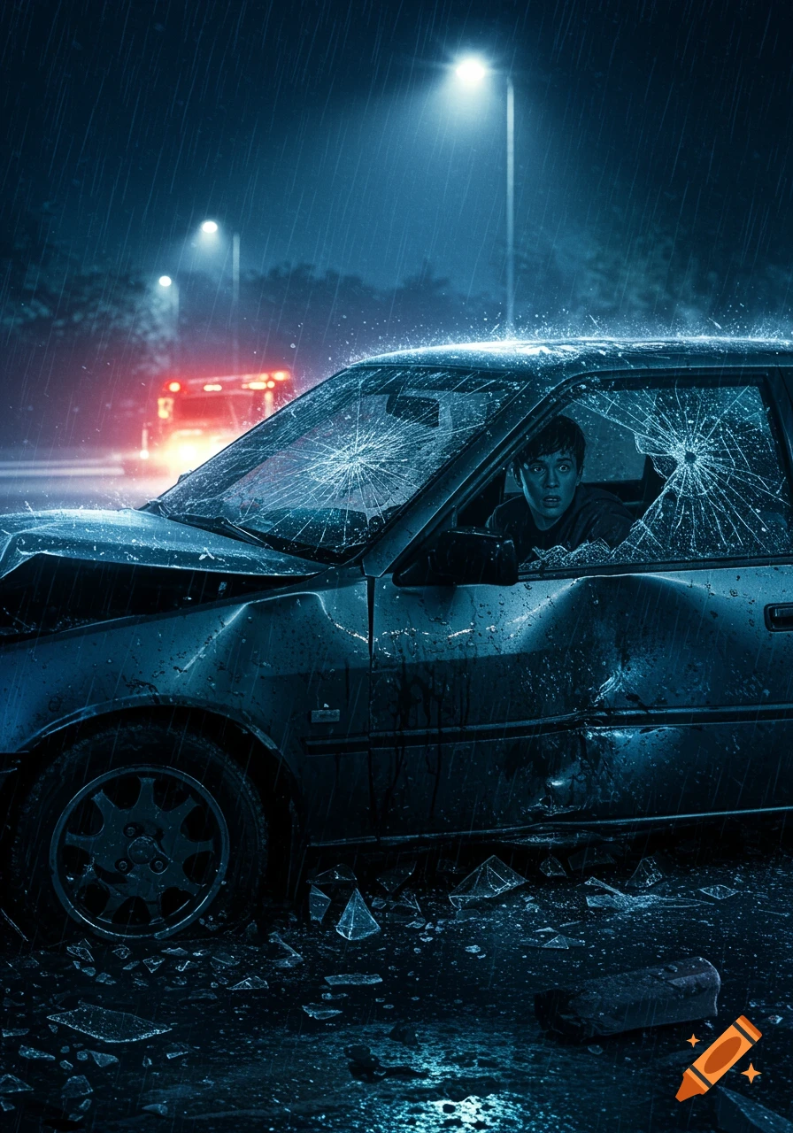 Photorealistic image of a young boy looking worried in a crashed car at night in the pouring rain, with shattered windows.