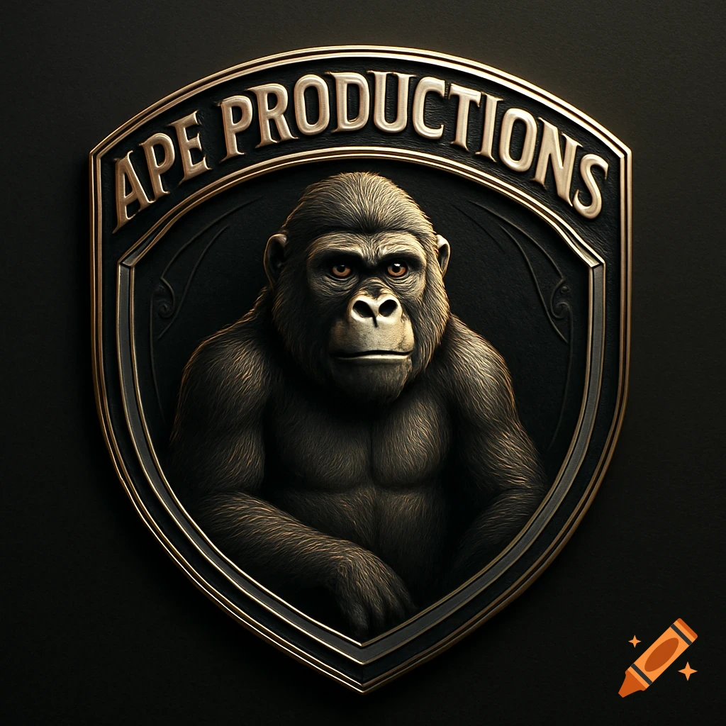 A dark, metallic shield logo featuring a realistic gorilla bust at the center, with the words "APE PRODUCTIONS" embossed in gold lettering along the top curve.