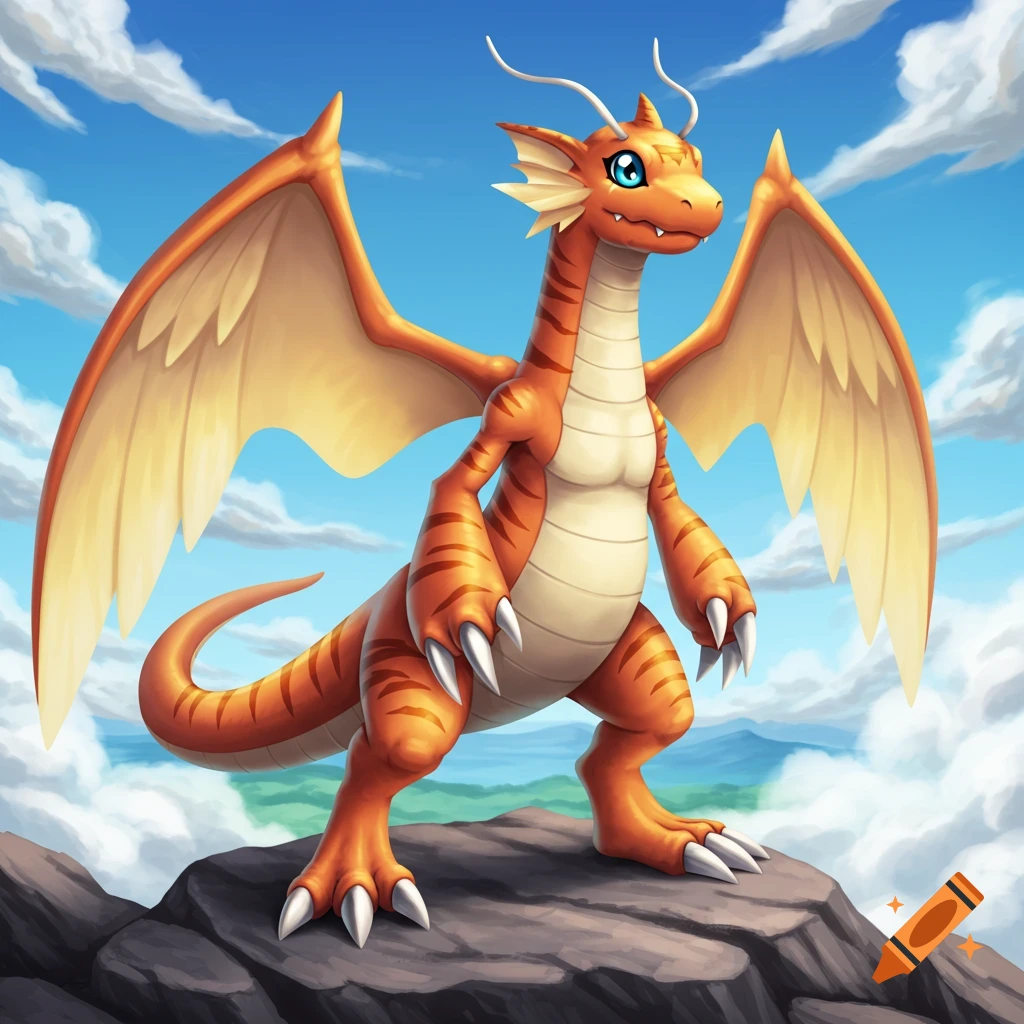 An orange dragon-like creature with large wings stands on a rocky mountain peak under a blue sky with white clouds in a cartoon style.