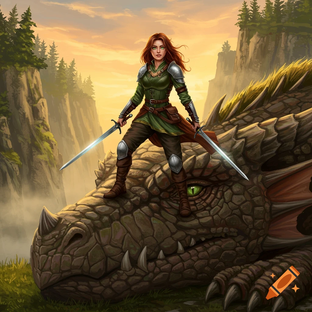 Red-haired female warrior in green armor stands on a dragon's head, holding two swords, at sunset in a mountain landscape.