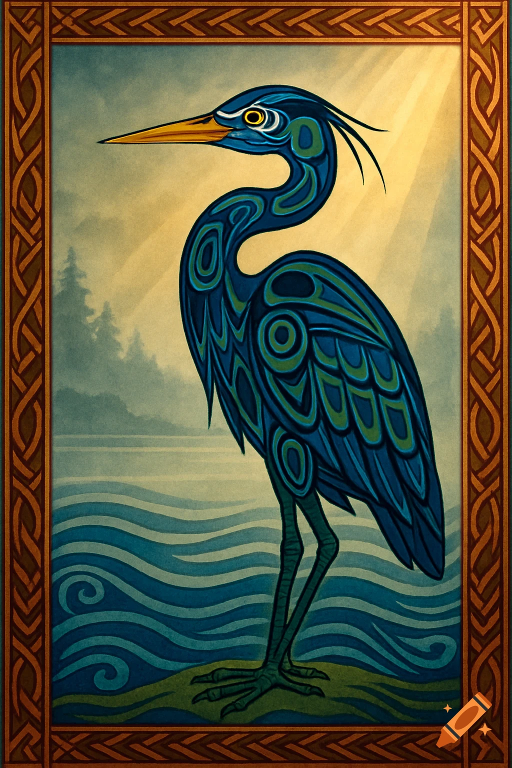 A stylized blue heron in Coastal Salish/Stó꞉lō art style, deep blue and green, stands on a small island with wavy blue water in front and a misty forest behind, all framed by a brown geometric border.