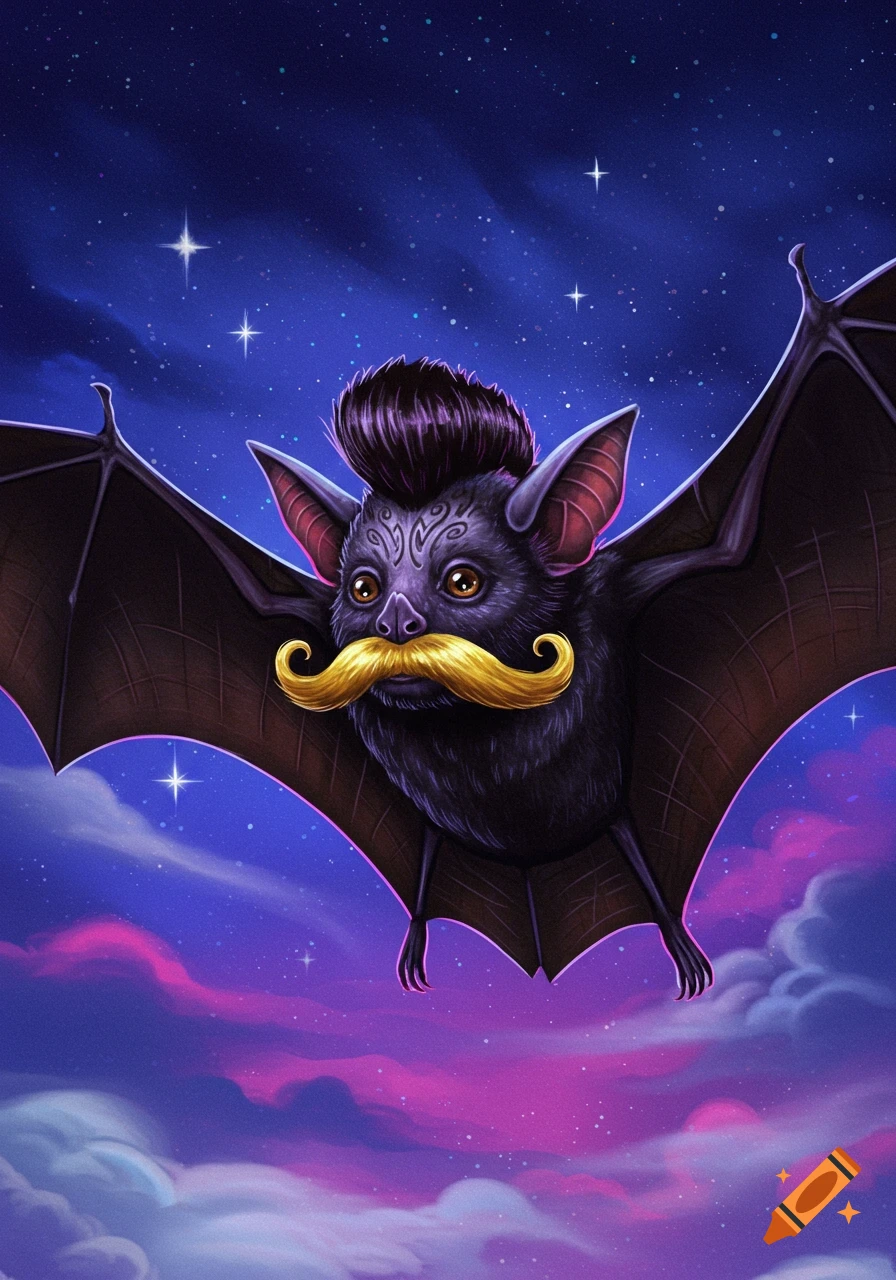 A cartoon bat with a golden mustache and purple high top fade haircut flies in a starry night sky with purple clouds.