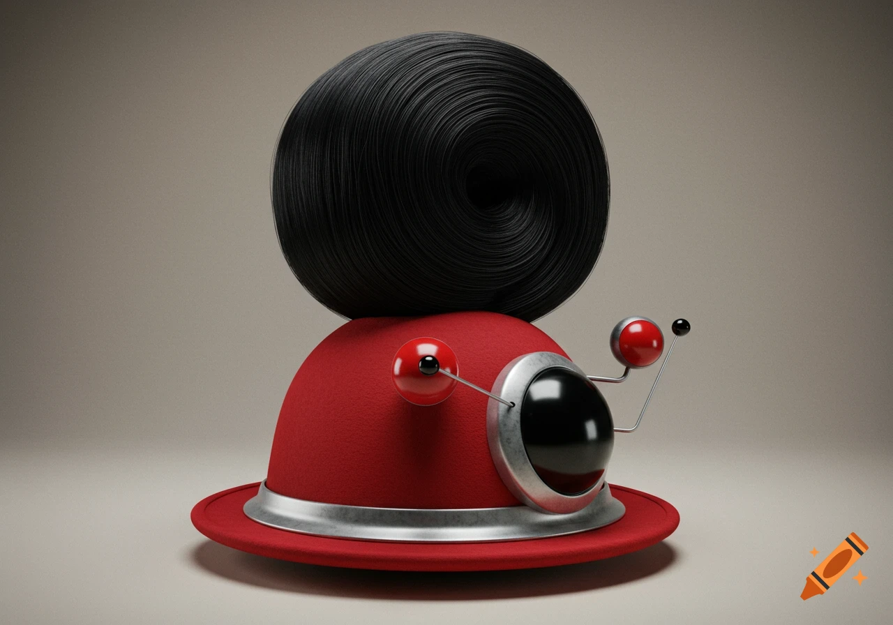 A vibrant red dome-shaped hat with a black swirling sphere on top, and metallic and red sphere accents, presented as a 3D render.