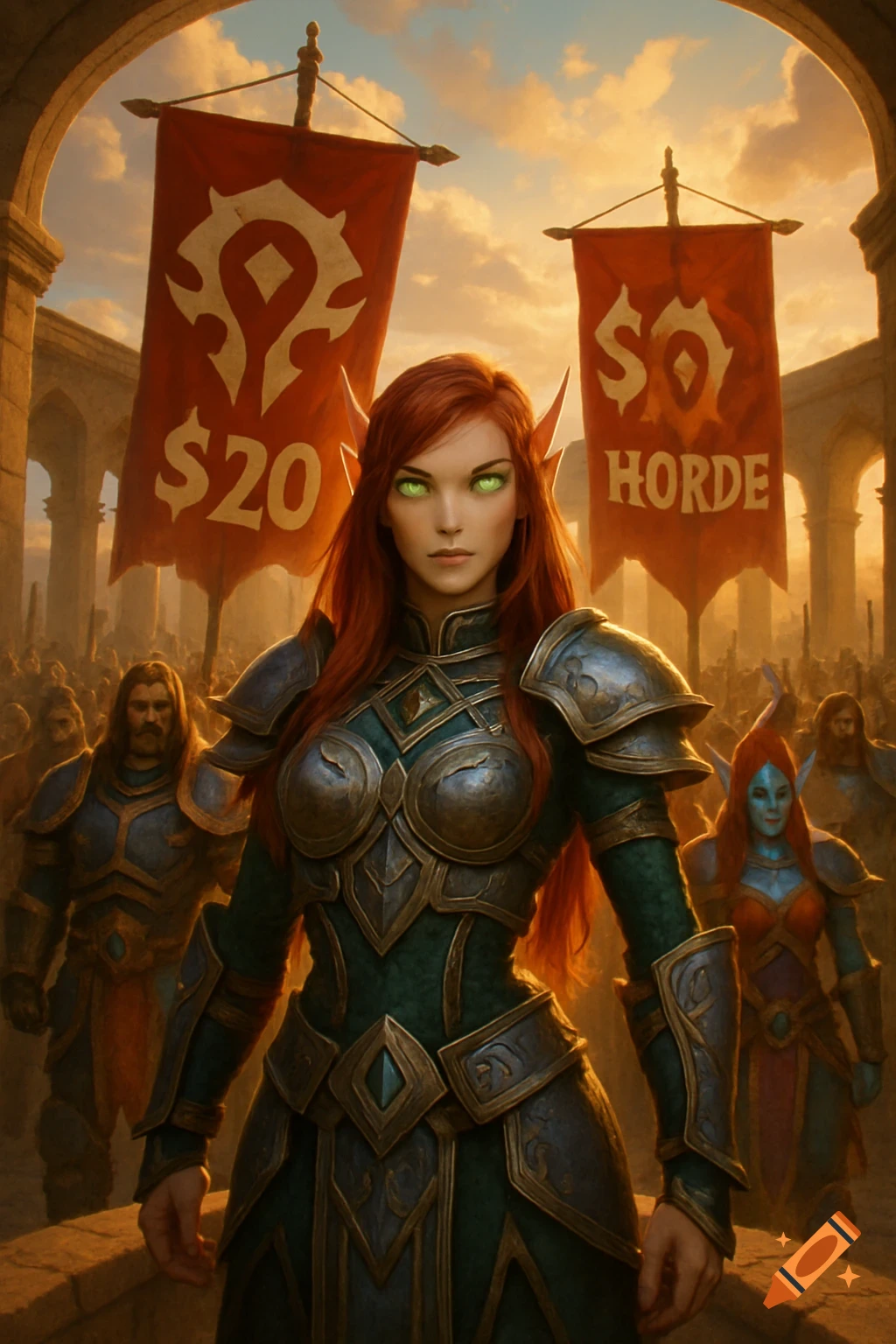 A red-haired female elf in ornate armor stands before a crowd, with red banners displaying '$20' and 'Horde' in a fantasy setting.