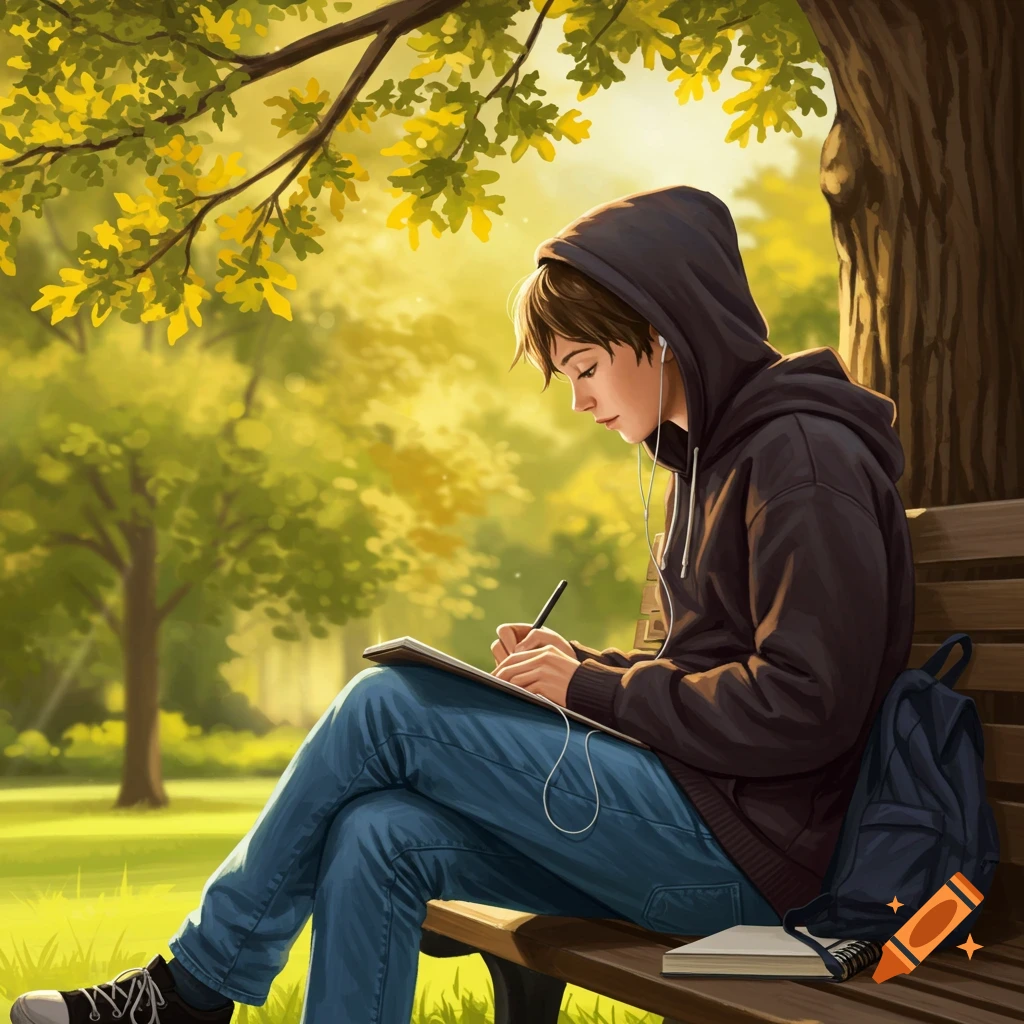 A male student in a hoodie and jeans sits on a park bench under a tree, drawing in a notebook. Digital illustration.