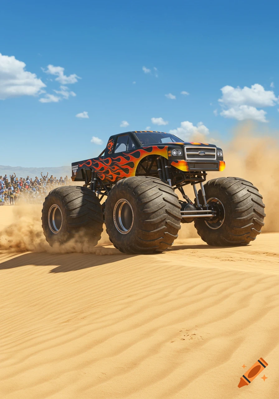 A black monster truck with orange and yellow flames on its side drives through a sandy desert, kicking up dust. A crowd watches in the background under a blue sky with white clouds.