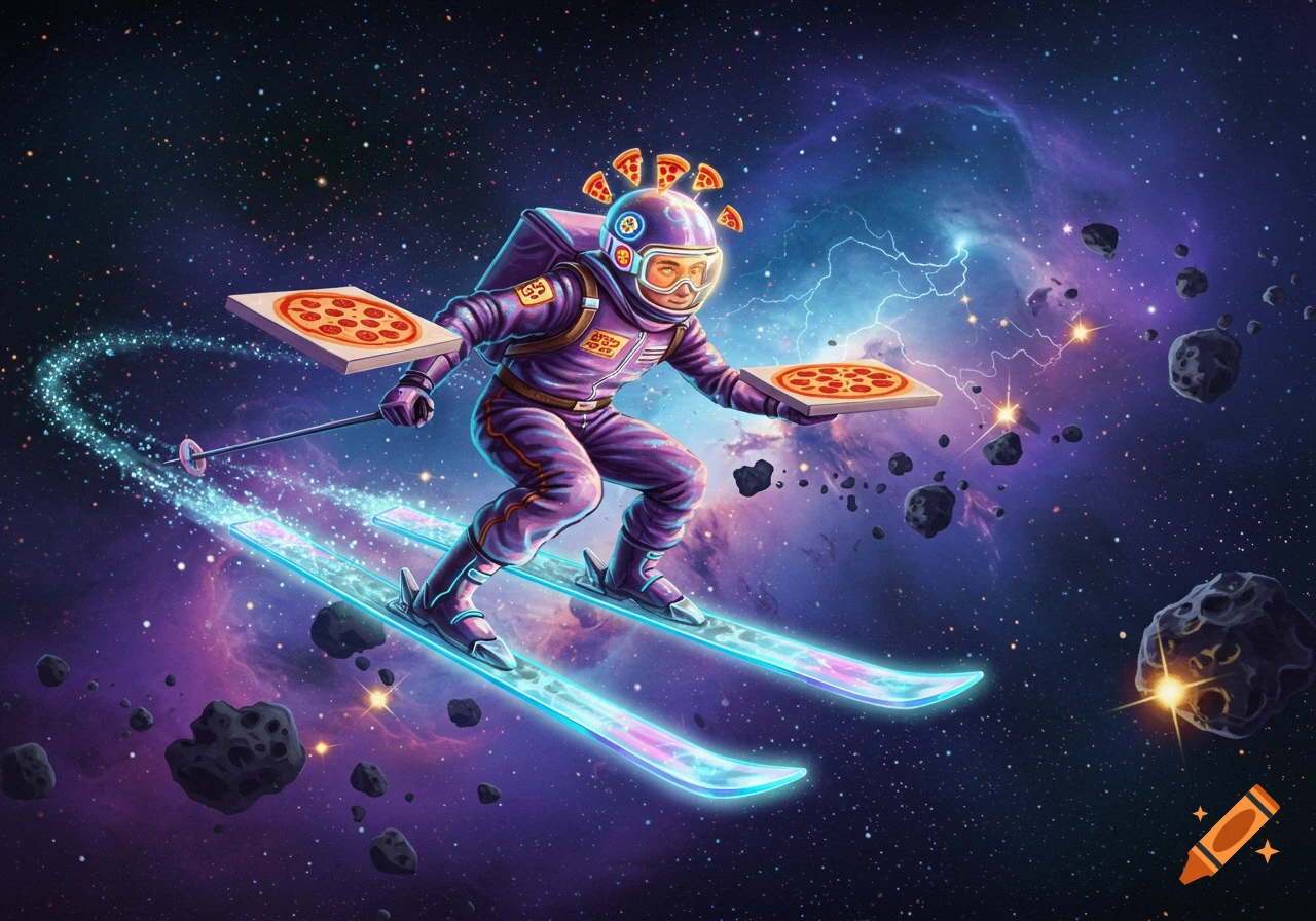 A colorful illustration of an astronaut pizza delivery guy skiing through space, holding pizzas and leaving a glowing trail.