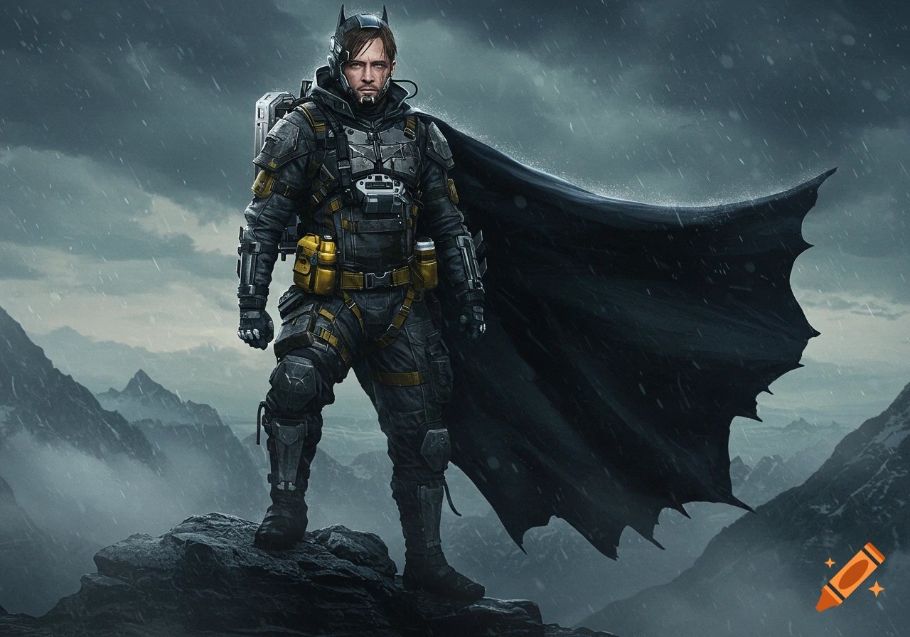 A character combining Batman and Sam from Death Stranding in a futuristic suit stands on a rocky peak in a stormy, rainy mountain landscape.