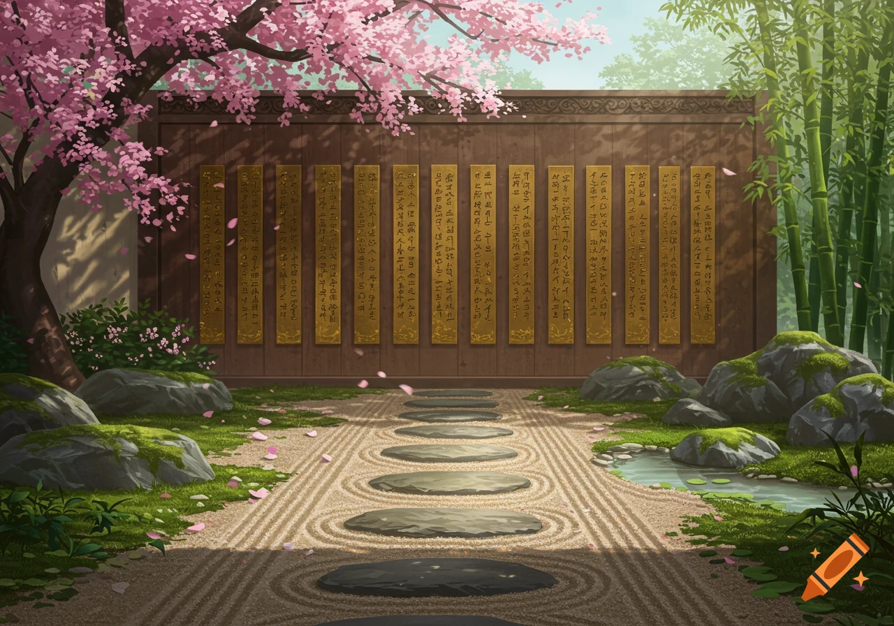 A serene Japanese zen garden with a cherry blossom tree, bamboo, a raked sand path, stepping stones, and a wooden wall with golden panels.