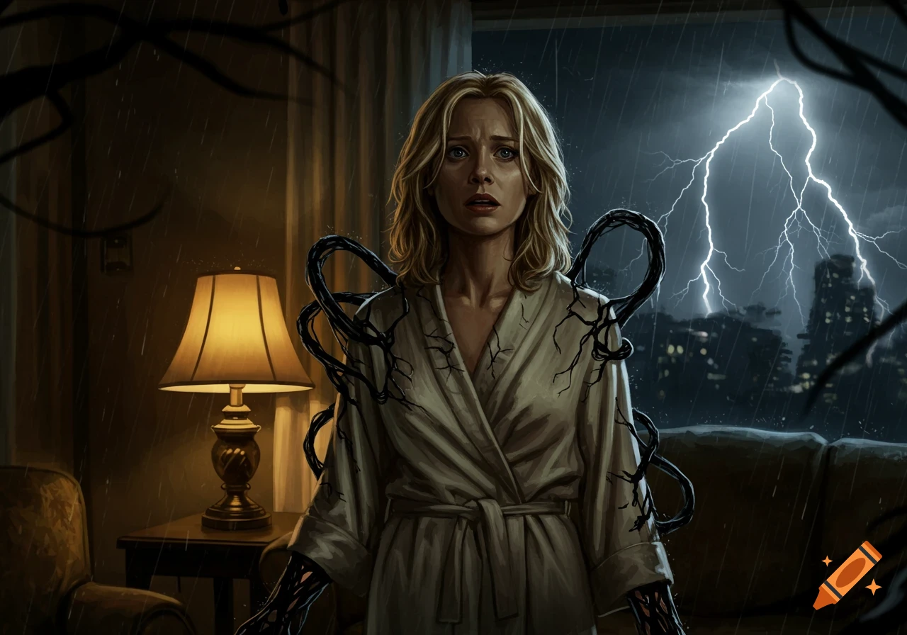 A terrified woman in a robe stands in a dimly lit room, black tendrils crawling on her body, as lightning strikes outside a window.