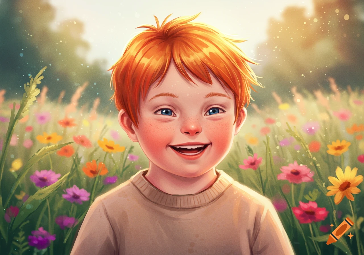 Illustrated boy with red hair and freckles smiling in a field of colorful flowers under a bright sky.