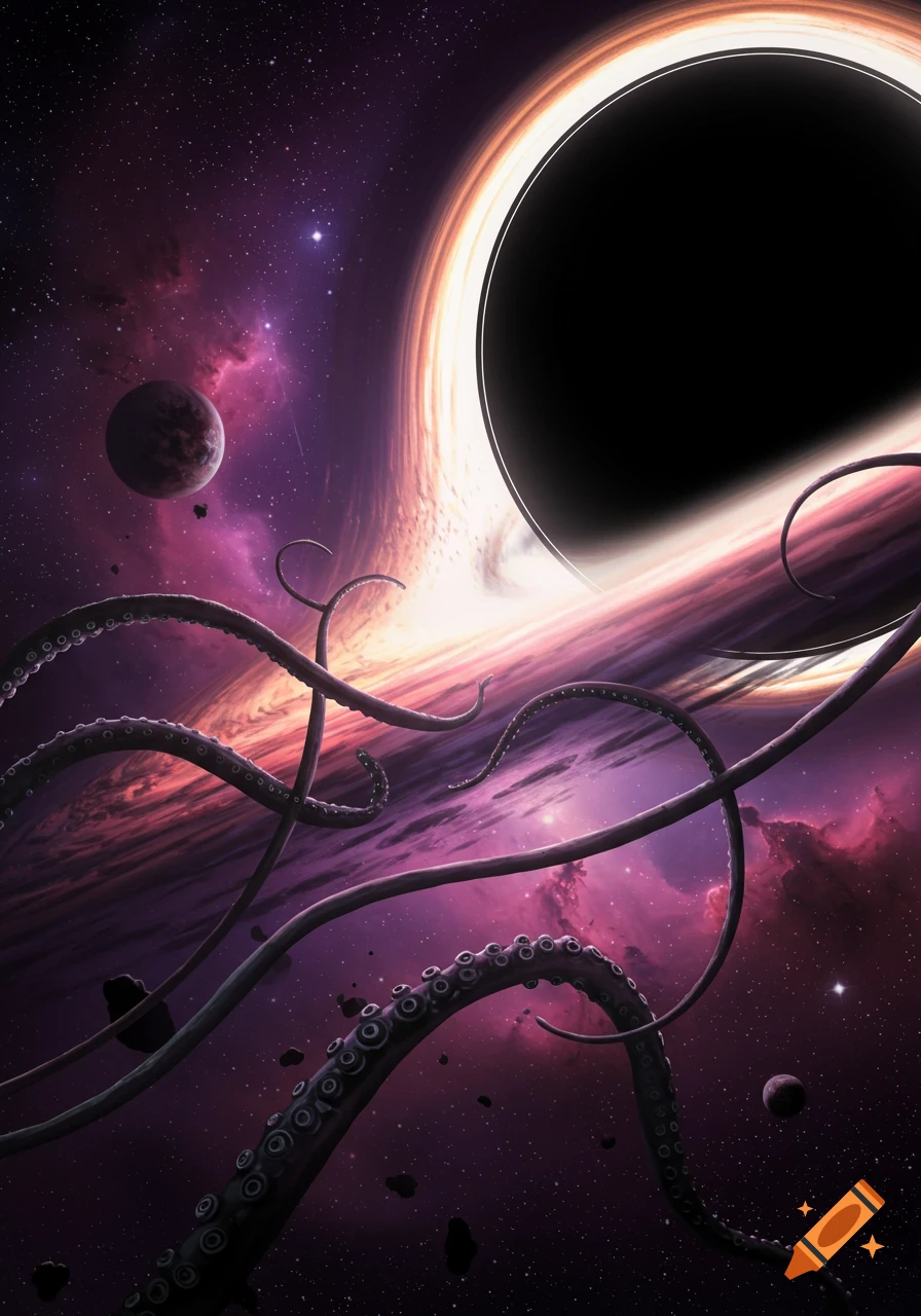 A mesmerizing cosmic scene featuring a large black hole with an accretion disk, purple and pink nebulae, and dark tentacles reaching across space with distant planets and stars.