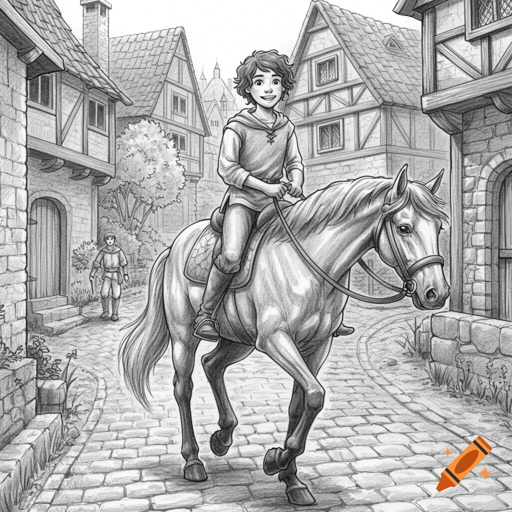 A black and white sketch of a smiling medieval teenage boy with curly hair riding a horse through a village street.