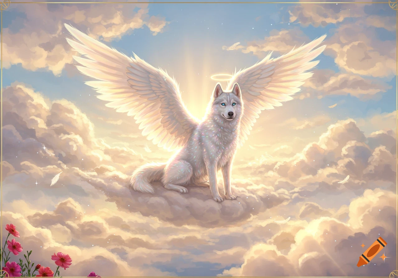 A white husky with large feathered wings and a halo sits on a cloud in a bright, celestial sky with pink flowers in the foreground.