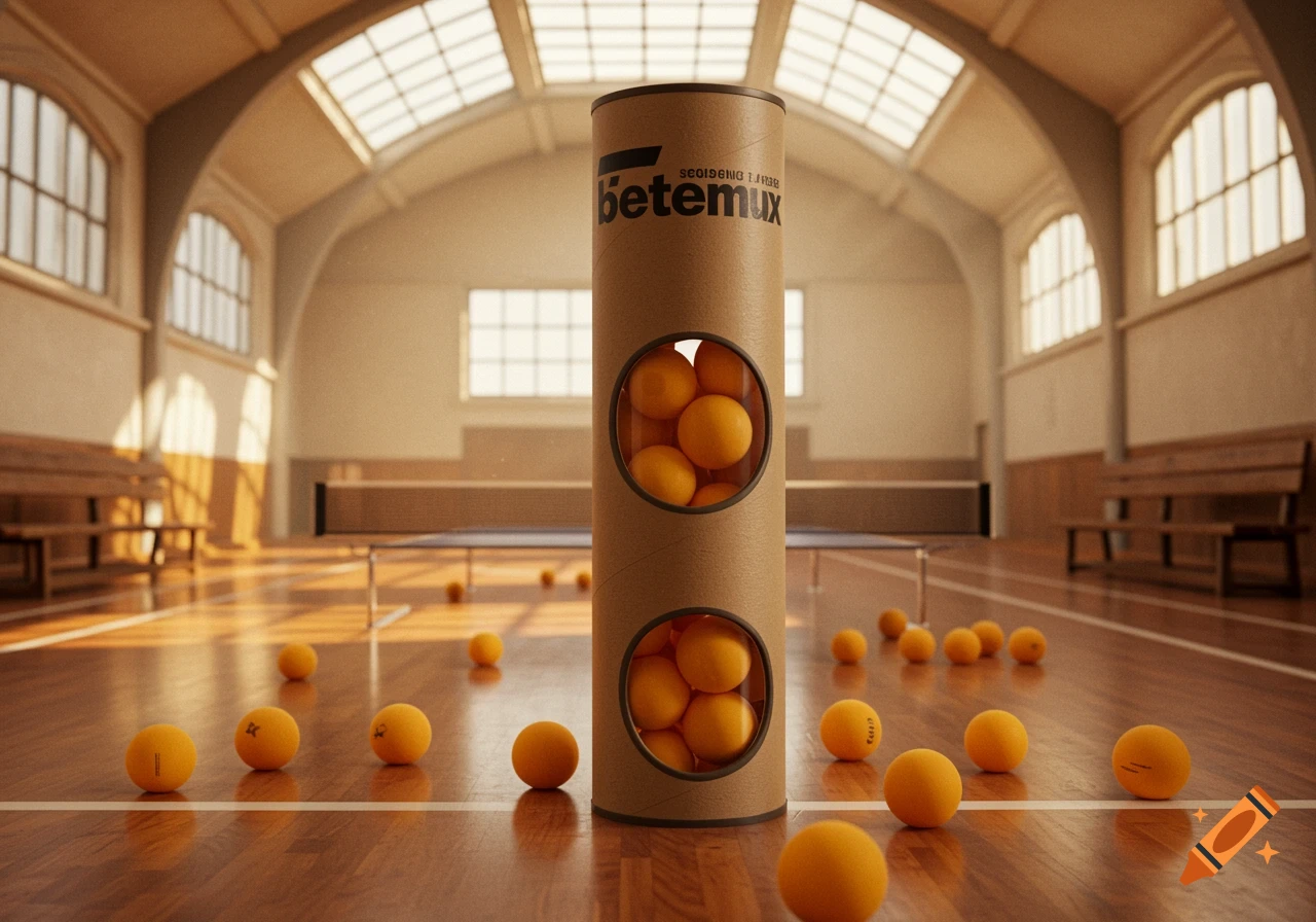 A close-up shot of a cardboard tube filled with orange ping pong balls in a sunlit gymnasium with a ping pong table and scattered balls.